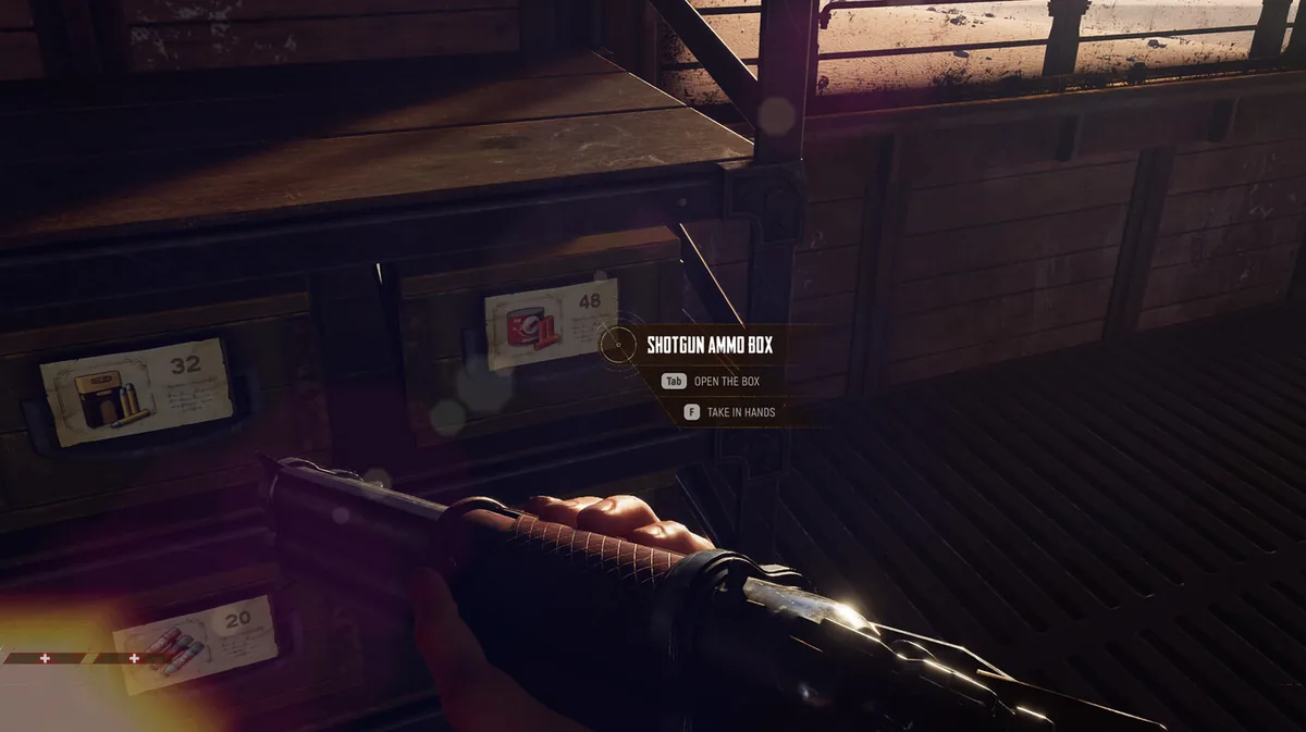 Official SAND screenshot showing a shotgun and a Shotgun Ammo Box inside a structure