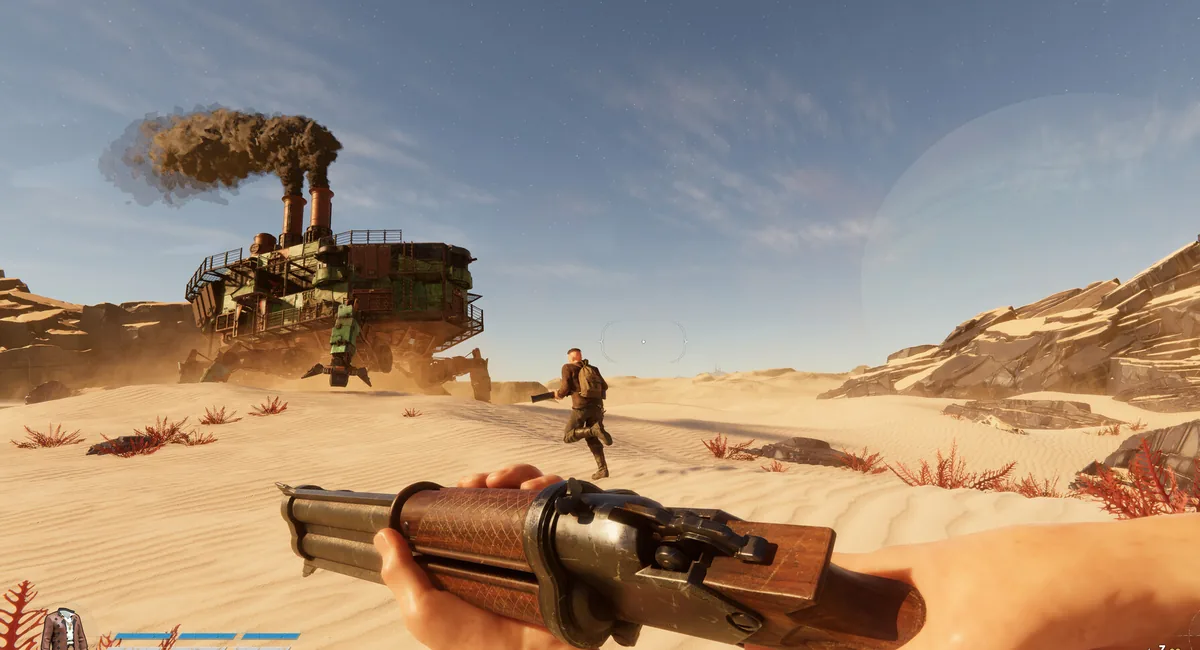 SAND Raiders of Sophie player carrying a shotgun near a Trampler in the desert