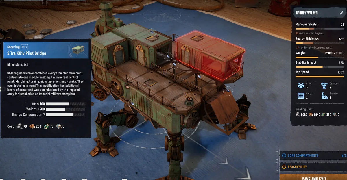 Official SAND Raiders of Sophie Trampler builder showing a pilot bridge, resource costs, weight and reachability