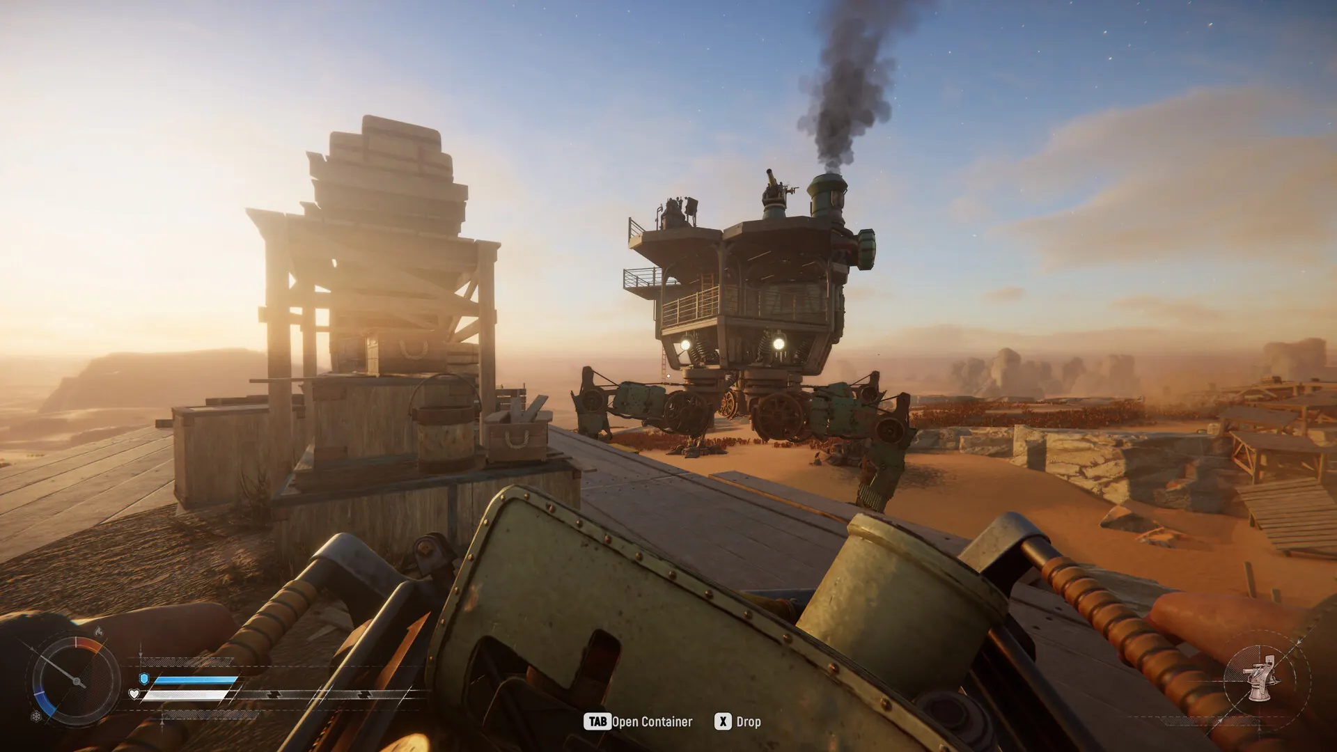 SAND Raiders of Sophie Trampler parked beside a desert structure and loot area