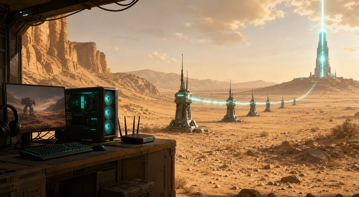 Editorial concept illustration of a PC, router, network relay path, and game server beacon