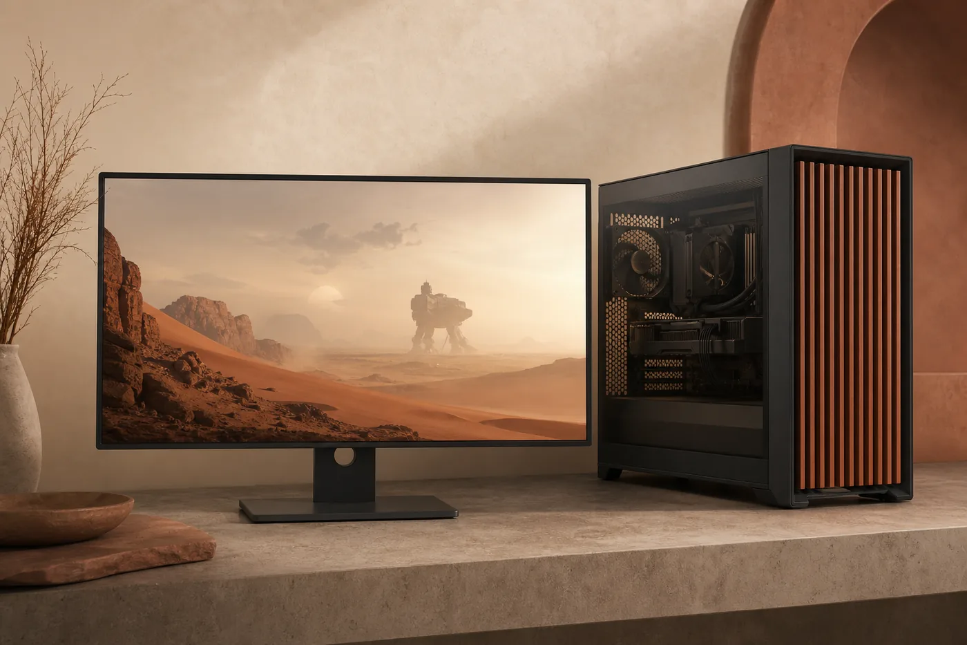 Editorial illustration of a gaming PC and desert Trampler scene for the SAND system requirements guide