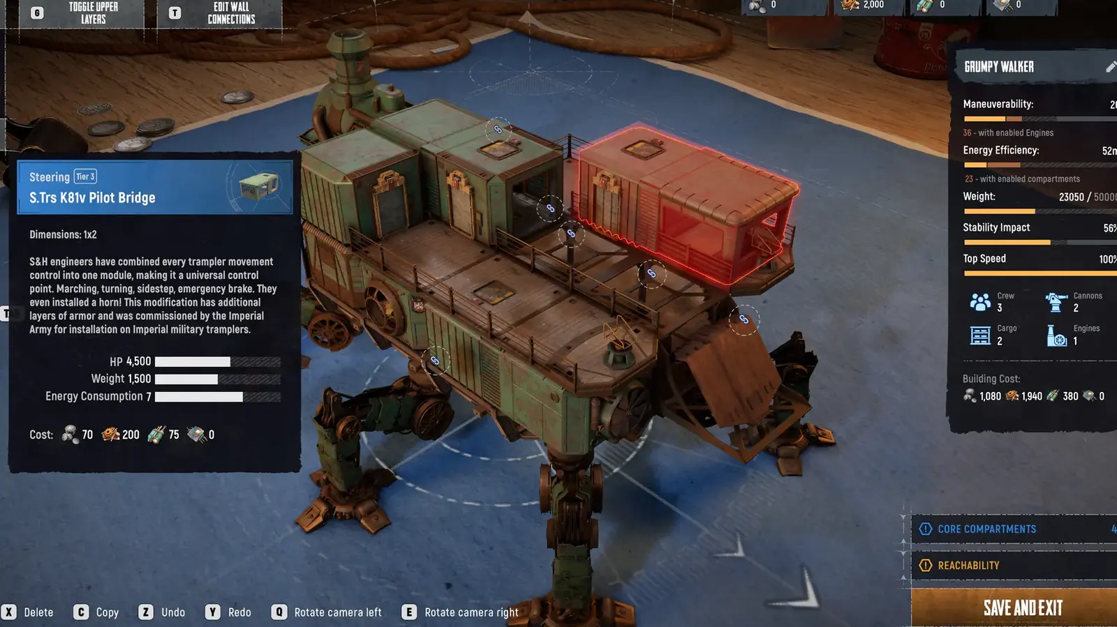 SAND Trampler builder screen showing connected compartments, steering and machine statistics