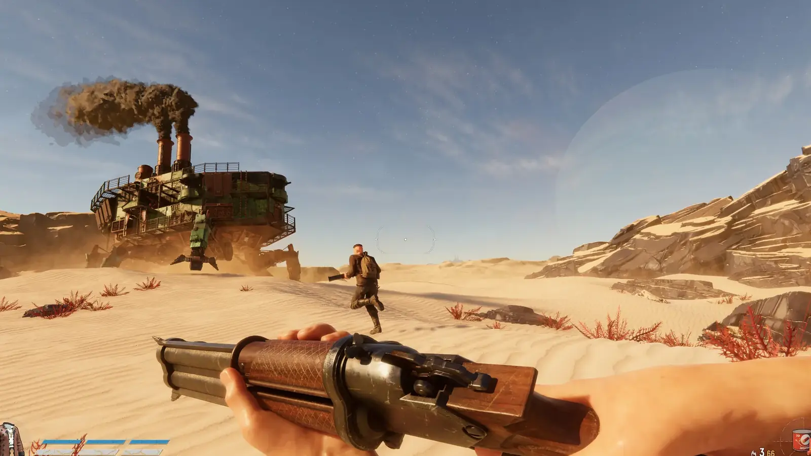 SAND Trampler walking through the desert while a raider follows