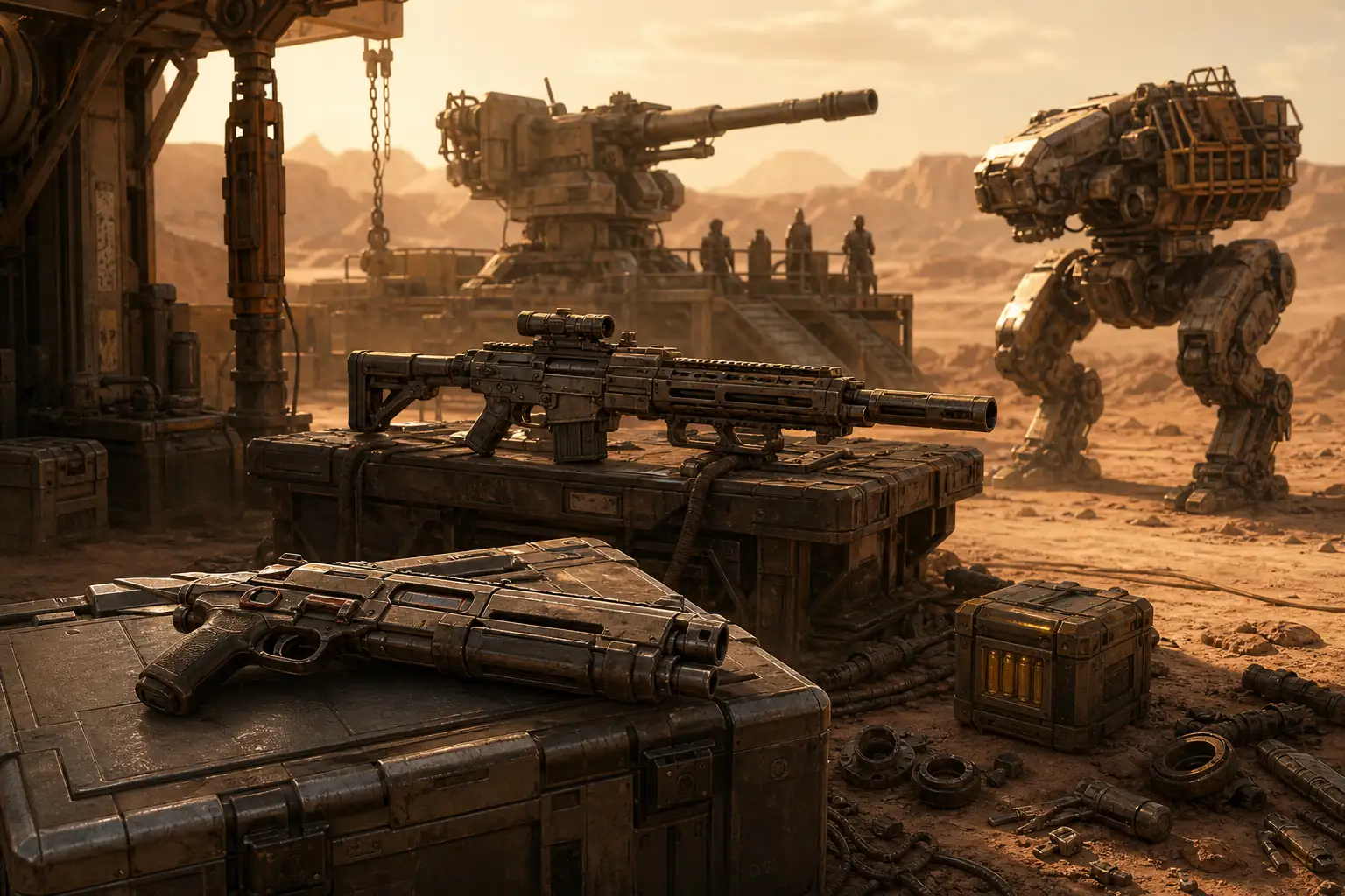 AI-generated editorial concept illustration of personal weapons, a mounted cannon, ammunition and a Trampler in a desert workshop
