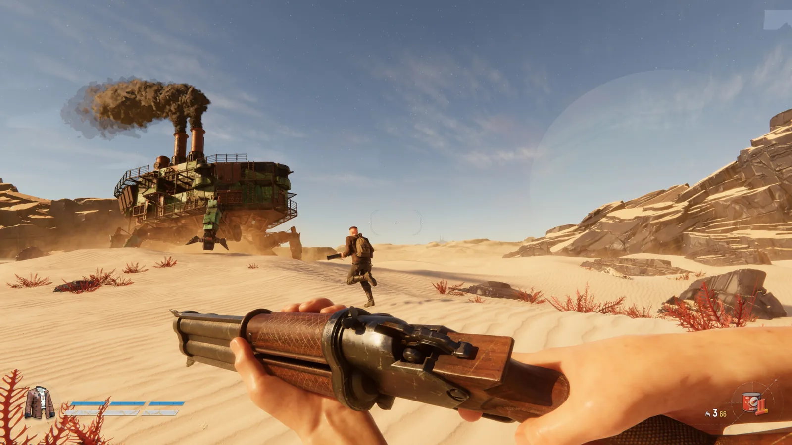 Official Xbox Store gameplay screenshot showing a player following a Trampler across the desert